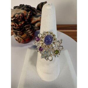 VTG Fancy Sterling Opal, Jadite, Amethyst Cocktail Ring